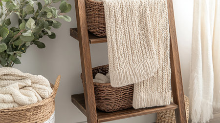This image showcases a stylish home interior featuring woven baskets, cozy knitted blankets, and greenery, perfect for creating a warm and inviting atmosphere.の素材