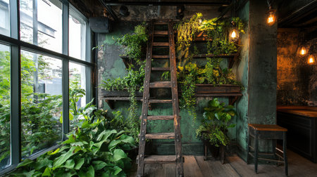 A serene indoor garden scene featuring a wooden ladder surrounded by lush greenery, enhancing the rustic charm of the cafe with warm lighting.の素材