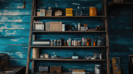This image showcases a cozy workspace filled with colorful art supplies and tools organized on wooden shelves against a vibrant blue wall, perfect for inspiration.の素材