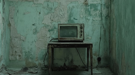 Captivating image of a vintage television perched on a weathered table in an abandoned room, showcasing the beauty of urban decay and nostalgia.の素材