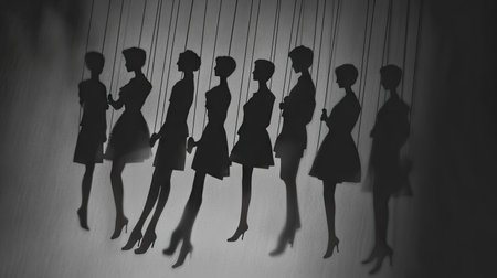 This artistic image features silhouettes of fashion models elegantly posed against a wall, resembling puppets on strings, evoking themes of creativity and minimalism.の素材