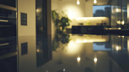 A modern kitchen interior featuring an elegant countertop under soft ambient lighting, creating a stylish and inviting atmosphere for culinary activities.の素材
