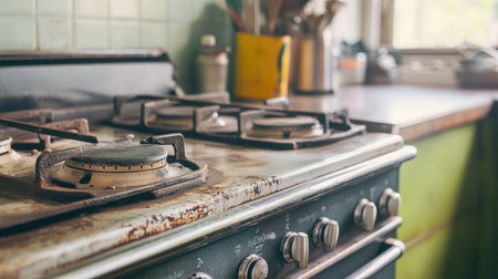 This image captures a vintage kitchen stove with a weathered finish, showcasing rustic charm and nostalgic appeal in a cozy domestic environment.の素材