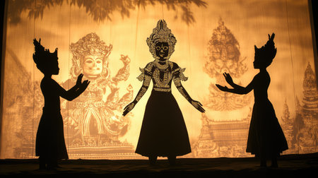 This captivating image captures a traditional shadow puppet theater performance, showcasing intricate silhouettes against a stunning backdrop, celebrating cultural artistry.の素材