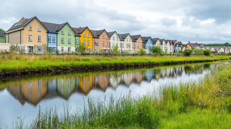 A picturesque row of colorful houses stands by a tranquil river, beautifully reflecting their vibrant facades in the calm water. Lush greenery and overcast skies create a serene and inviting atmosphere. Ideal for showcasing suburban living and harmony with nature.の素材