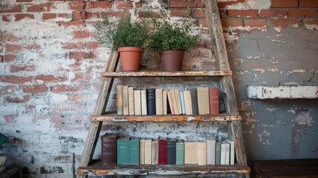A rustic wooden ladder holds a curated selection of vintage books, complemented by potted plants, creating a warm and inviting atmosphere in a charming space.の素材