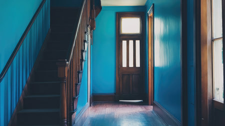 A serene interior setting featuring blue walls and classic wooden elements, showcasing a staircase and a vintage front door, perfect for home design inspiration.の素材