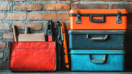 A vibrant arrangement of toolboxes and hand tools, showcasing a blend of colors against a rustic brick wall. Perfect for DIY enthusiasts and professionals.の素材