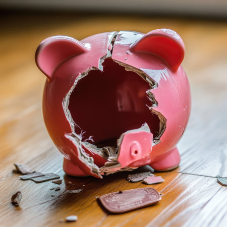 A close-up of a broken pink piggy bank with missing chunks, symbolizing financial distress and the need for better money management and savings strategies.の素材