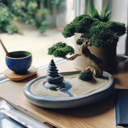 A tranquil scene showcasing a bonsai tree in a beautifully arranged zen garden with raked sand and decorative stones, perfect for home decor.の素材