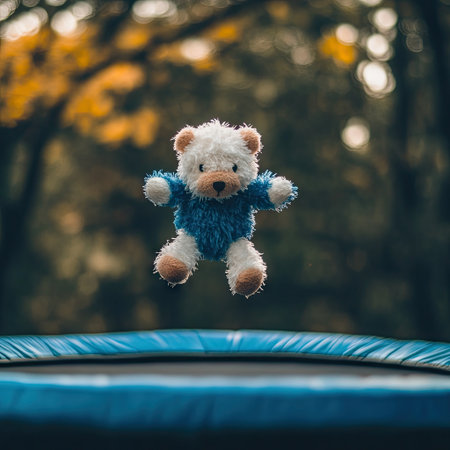 A delightful scene featuring a plush bear toy joyfully jumping on a trampoline, set against a beautiful autumn backdrop. Perfect for evoking childhood memories and playful moments.の素材