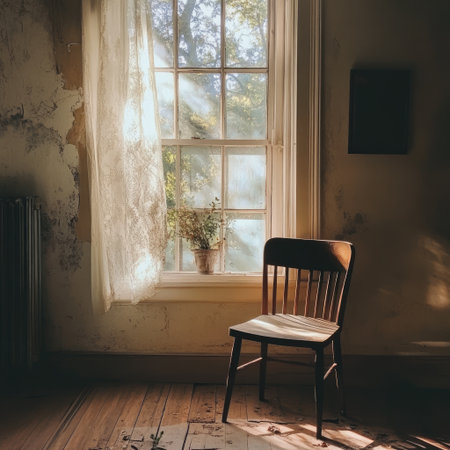This serene image features a sunlit room with a simple wooden chair beside a window adorned with a lace curtain, showcasing a small green plant.の素材