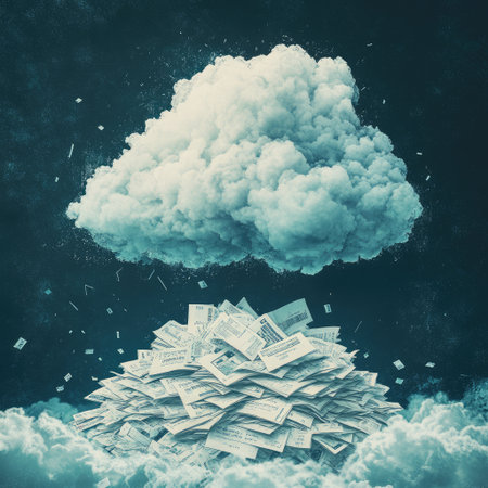 This imaginative artwork symbolizes financial turmoil through a cloud of cash and falling bills, representing economic chaos and uncertainty.の素材