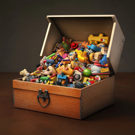 A vibrant wooden toy chest brimming with an eclectic mix of vintage toys, inviting exploration and play. Perfect for showcasing creativity and fun.の素材