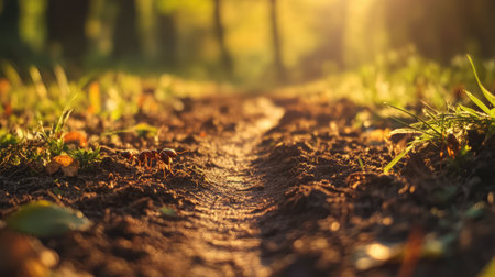 A tranquil scene depicting a dirt pathway winding through a lush green forest. Soft sunlight filters through the trees, creating a serene atmosphere perfect for relaxation and exploration in nature.の素材