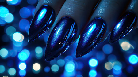This striking image showcases beautifully manicured blue nails with a glossy finish, set against a vibrant bokeh background radiating a sense of style and elegance.の素材