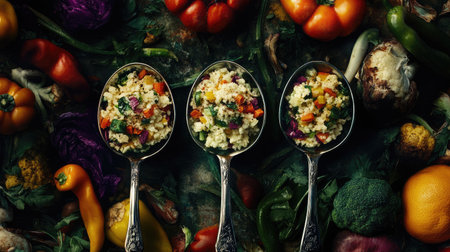 A striking arrangement of three spoonfuls filled with a fresh vegetable medley and colorful quinoa salad, set against a rustic backdrop, perfect for health-focused culinary displays.の素材