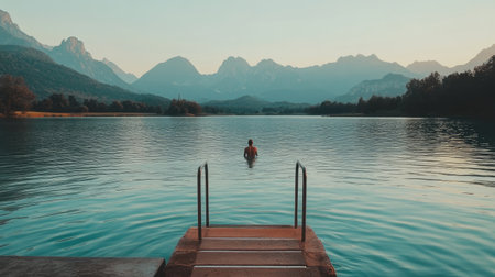A breathtaking scene showcasing a tranquil lake surrounded by majestic mountains during sunset. An individual stands in the water, embracing nature.の素材