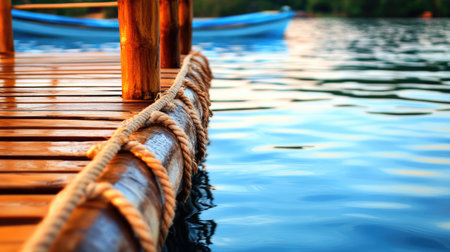 This image captures a close-up view of a rustic wooden dock, showcasing its texture and details, reflecting on tranquil water during sunset.の素材