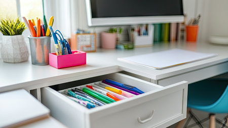 A bright and organized workspace showcasing colorful stationery in an open drawer and stylish desk accessories, ideal for enhancing creativity and productivity.の素材