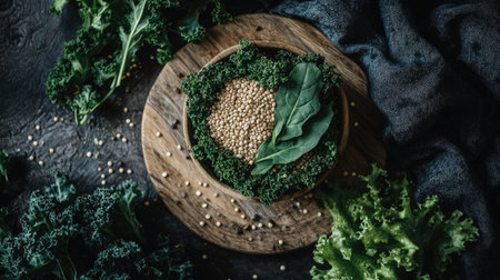 A beautifully arranged wooden bowl filled with quinoa and fresh green leaves sits amidst vibrant kale on a dark rustic surface, perfect for healthy culinary inspiration.の素材