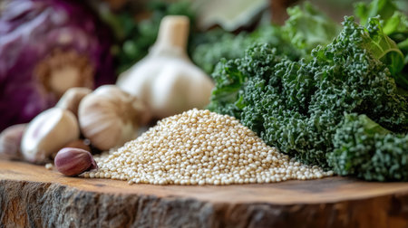 Vibrant arrangement of fresh ingredients featuring quinoa, garlic, kale, and purple cabbage, perfect for healthy meals and cooking inspiration.の素材