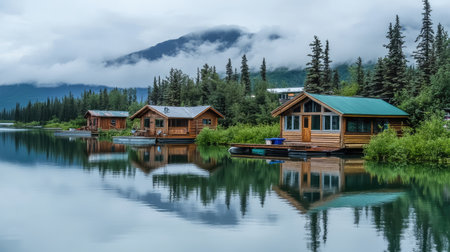 A serene view of cozy wooden cabins by a calm lake, enveloped by lush greenery and majestic mountains under a cloudy sky, ideal for relaxation.の素材