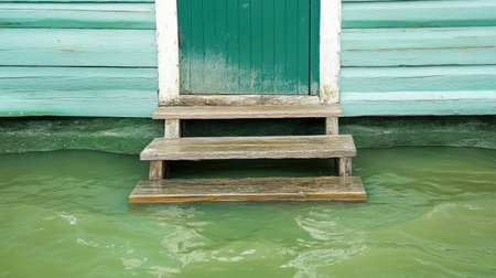 An inviting view of weathered wooden steps under a tranquil greenish water, suggesting a peaceful access to a rustic structure by the shore.の素材