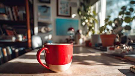 A vibrant red coffee mug rests on a wooden table, illuminated by warm sunlight, surrounded by lush indoor plants, creating a cozy and inviting ambiance.の素材