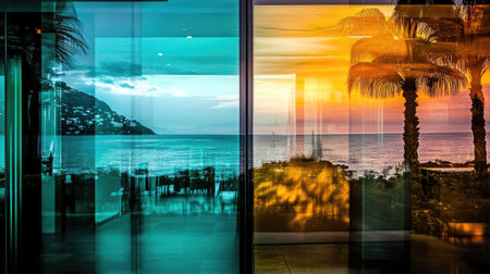 This image captures modern architecture with a stunning ocean view and vibrant sunset reflection on glass, evoking a sense of luxury and tranquility.の素材