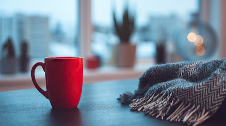 A cozy indoor scene featuring a vibrant red mug and a warm blanket on a wooden table by a window. Natural light filters through, creating a serene atmosphere perfect for relaxation.の素材