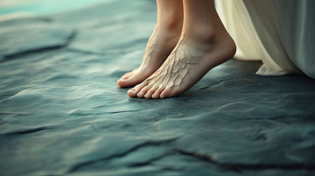 This intimate close-up showcases bare feet with cracked skin, highlighting natural beauty and vulnerability against a textured surface. Perfect for wellness and beauty themes.の素材