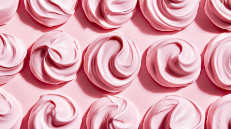 A beautiful arrangement of pink meringue swirls on a soft pink backdrop, showcasing artistry and texture perfect for dessert and culinary presentations.の素材