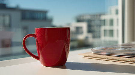 A vibrant red coffee mug sits on a windowsill, basking in natural sunlight against an urban backdrop, perfect for cozy moments.の素材
