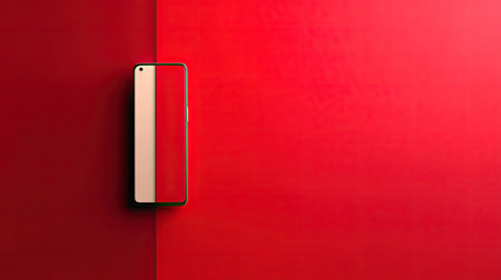A sleek smartphone rests against a bold red background, showcasing its modern design and digital capabilities, perfect for tech-focused visuals.の素材