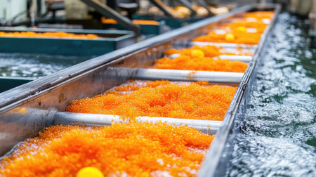 A vivid display of orange fish eggs in an aquaculture processing facility, showcasing the seafood production process with water reflections.の素材