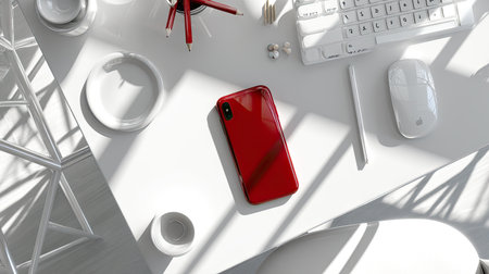 A modern workspace featuring a striking red smartphone surrounded by white accessories. The scene captures natural light and clean lines, emphasizing productivity and minimalism.の素材
