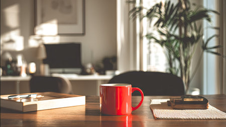 A warm and inviting home office scene featuring a vibrant red mug placed on a wooden table, sunlight filtering through a window, enhancing the tranquil atmosphere.の素材