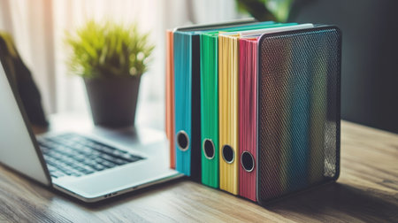 A vibrant arrangement of colorful folders beside a laptop and a small plant on a wooden desk, creating an inviting office atmosphere perfect for productivity.の素材