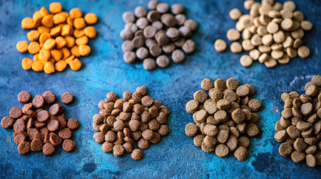 This image showcases an artistic arrangement of assorted pet food kibble varieties, featuring vibrant colors against a textured surface, ideal for pet nutrition visuals.の素材