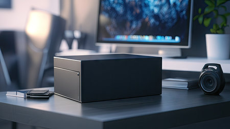 A modern and stylish desk setup showcases a sleek black box computer, a camera, and a smartphone, creating a functional workspace. Perfect for creative professionals.の素材