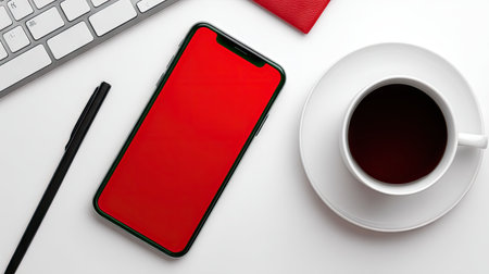 A stylish and modern workspace layout featuring a smartphone with a red screen, a cup of black coffee, a keyboard, and a pen on a white surface.の素材