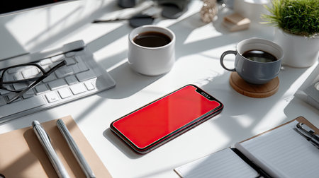 A modern workspace featuring a smartphone with a red screen, coffee cups, glasses, and stationery. Bright sunlight adds warmth to the setting.の素材