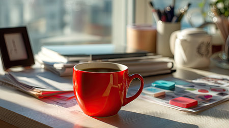 A warm red coffee mug sits on a bright desk, surrounded by various stationery and art supplies. Morning light streams in, creating a cozy atmosphere perfect for creativity.の素材