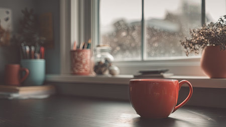 A serene indoor scene featuring a coffee cup placed near a window on a rainy day, showcasing warm light and inviting atmosphere, perfect for cozy moments.の素材