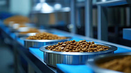 Explore the modern production line with high-quality animal food displayed in stainless steel bowls, emphasizing nutrition, safety, and hygiene standards in pet care.の素材