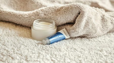 A serene arrangement of skincare products on a plush towel, capturing the essence of relaxation and self-care in a soothing environment.の素材