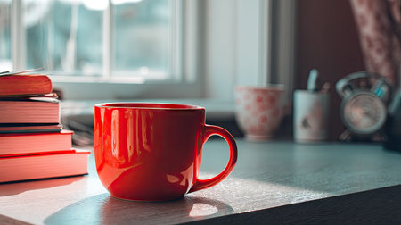 A bright red coffee mug is placed on a table next to a stack of books, illuminated by soft morning light, creating a cozy and inviting atmosphere.の素材