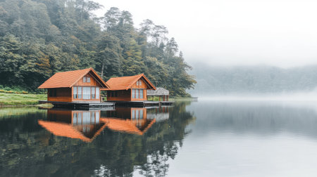 Enjoy a peaceful escape with lakeside cabins reflecting in calm water, enveloped in lush green foliage and soft mountain mist. Ideal for relaxation.の素材