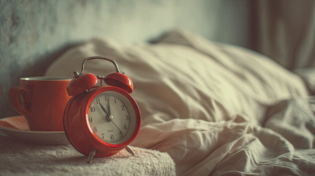 This serene morning scene features a classic red alarm clock and a coffee cup resting on soft bed sheets, exuding warmth and tranquility.の素材